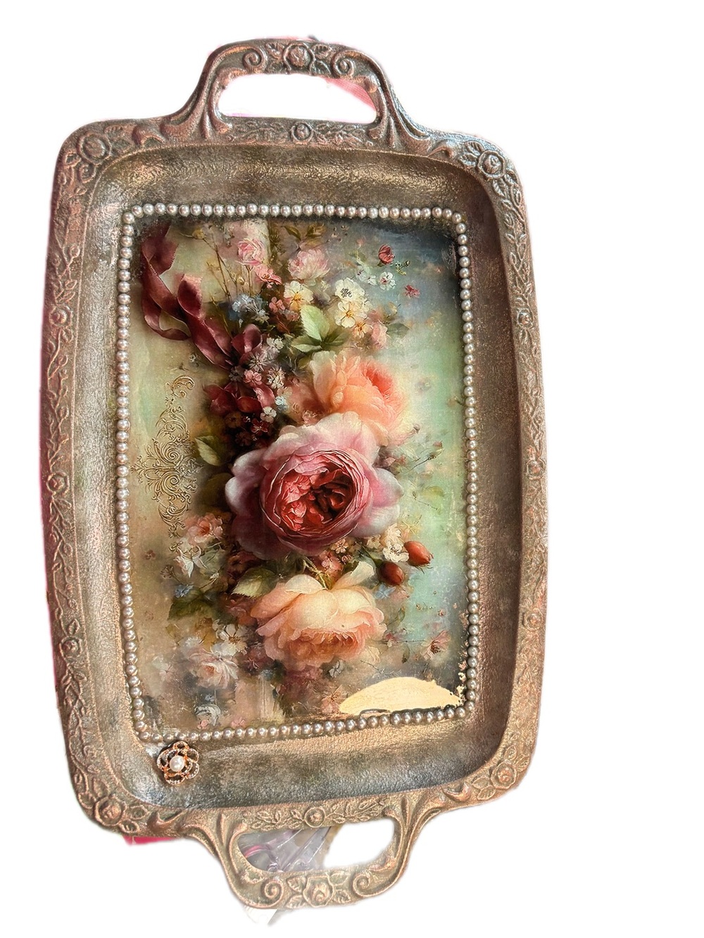 Vintage-Inspired Pink Floral Decorative Tray by